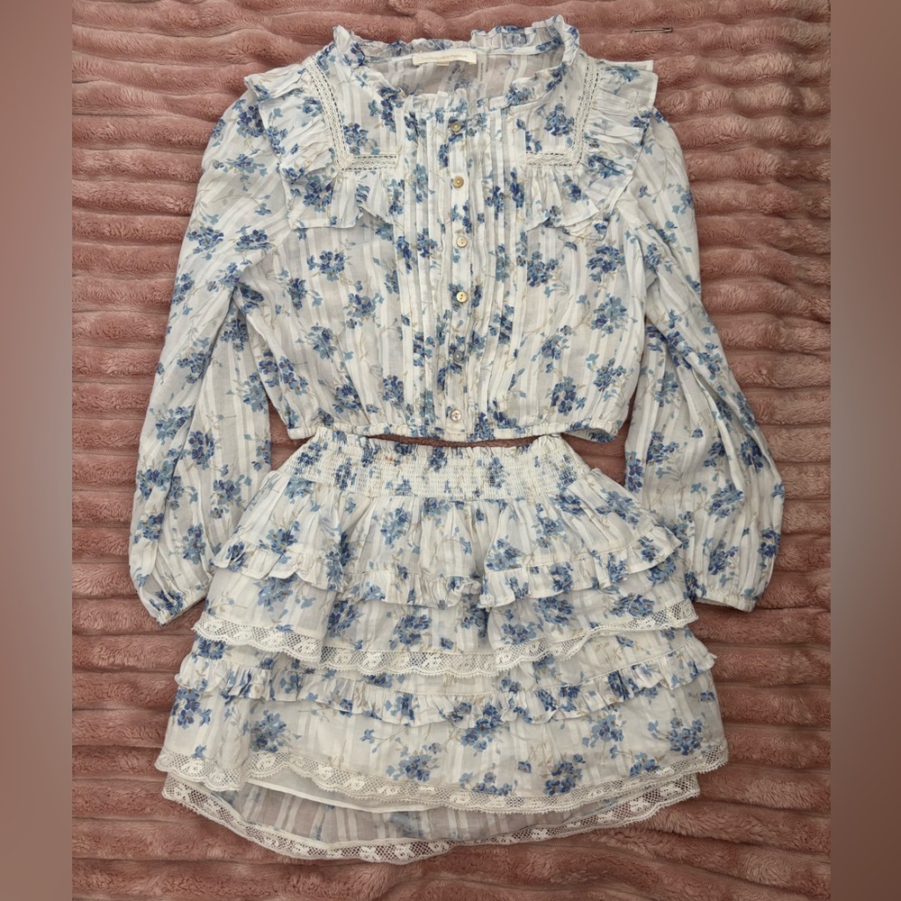 LoveShackFancy Floral Ruffle Dress with Blue Flowers